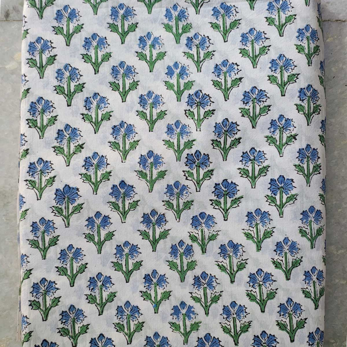 Handmade Bagru Print Textile – White And Blue Floral Print Cotton Material
