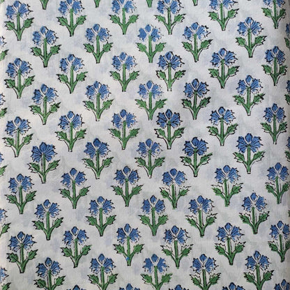 Sanganeri Hand Block Print Cotton Fabric – White And Blue Floral Print