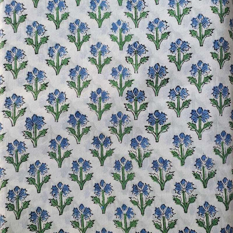 Sanganeri Hand Block Print Cotton Fabric – White And Blue Floral Print