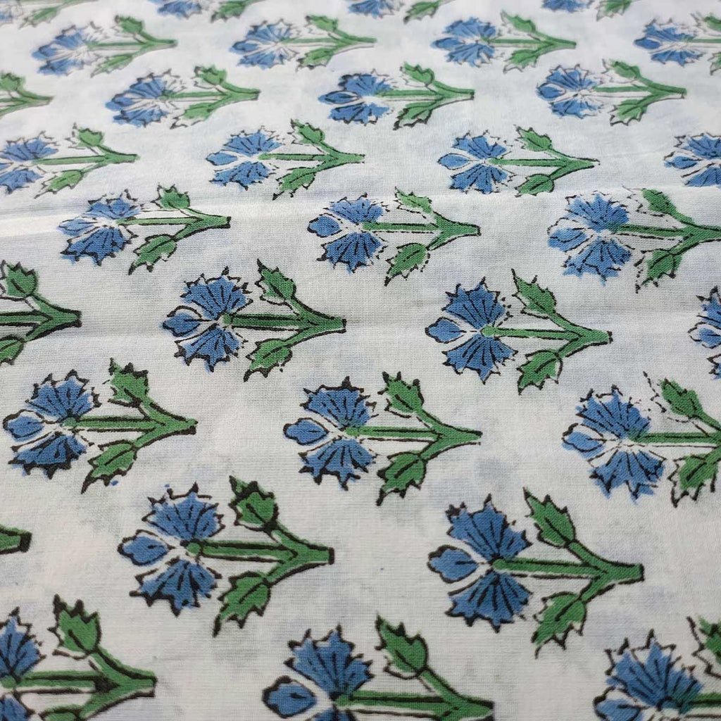 Handmade Bagru Print Textile – White And Blue Floral Print Cotton Material
