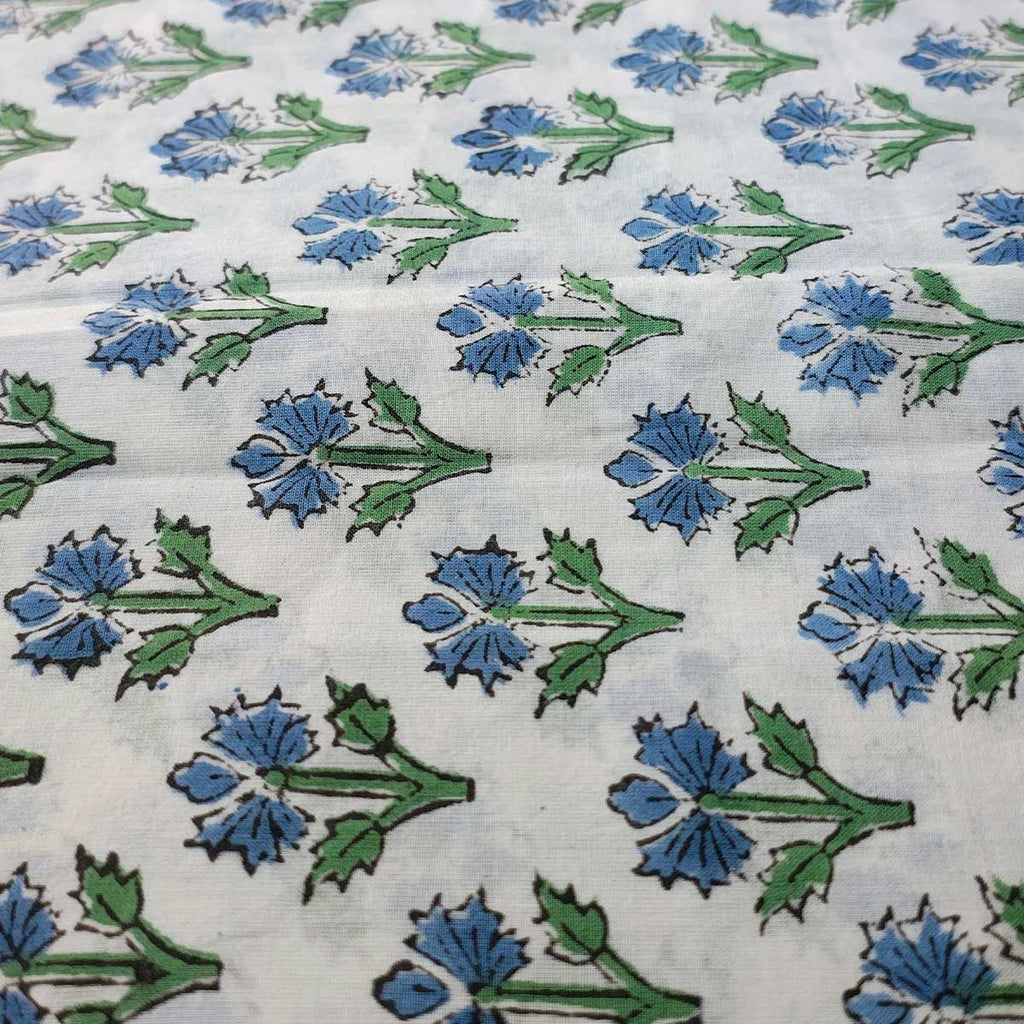 Sanganeri Hand Block Print Cotton Fabric – White And Blue Floral Print