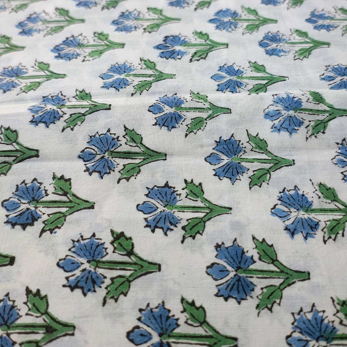 Handmade Bagru Print Textile – White And Blue Floral Print Cotton Material