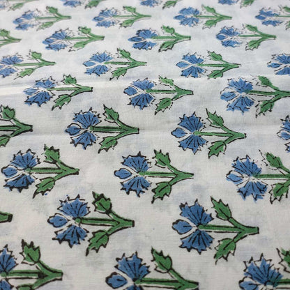 Sanganeri Hand Block Print Cotton Fabric – White And Blue Floral Print