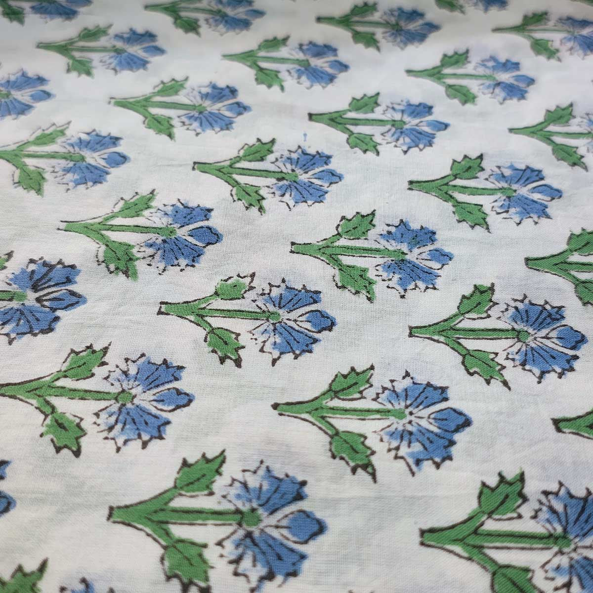 Handmade Bagru Print Textile – White And Blue Floral Print Cotton Material