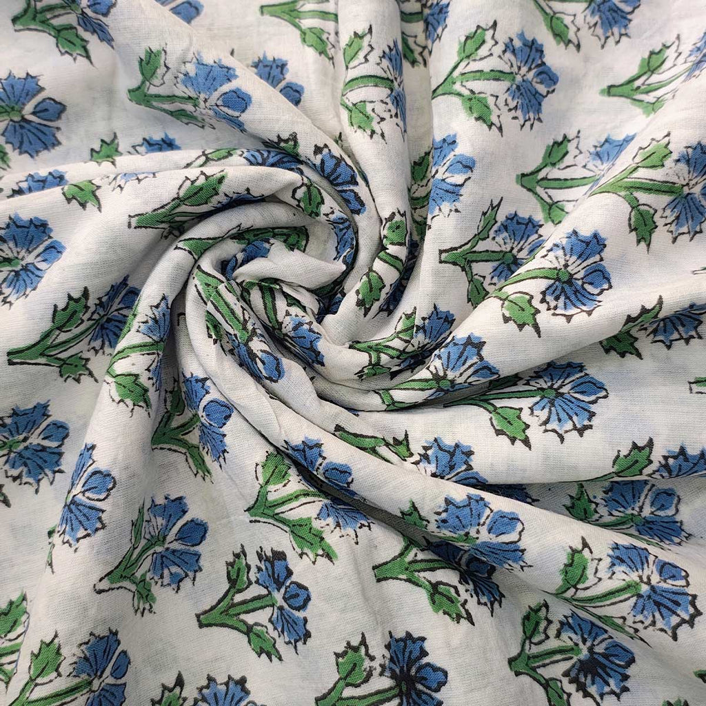 Handmade Bagru Print Textile – White And Blue Floral Print Cotton Material