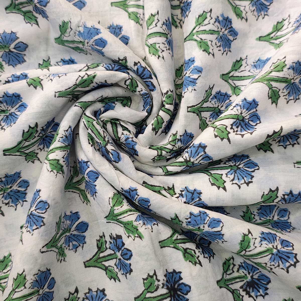 Handmade Bagru Print Textile – White And Blue Floral Print Cotton Material