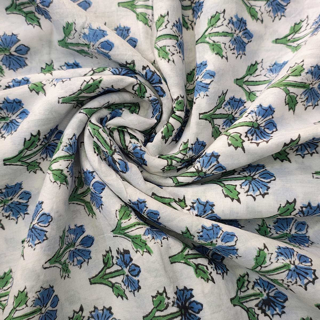 Sanganeri Hand Block Print Cotton Fabric – White And Blue Floral Print