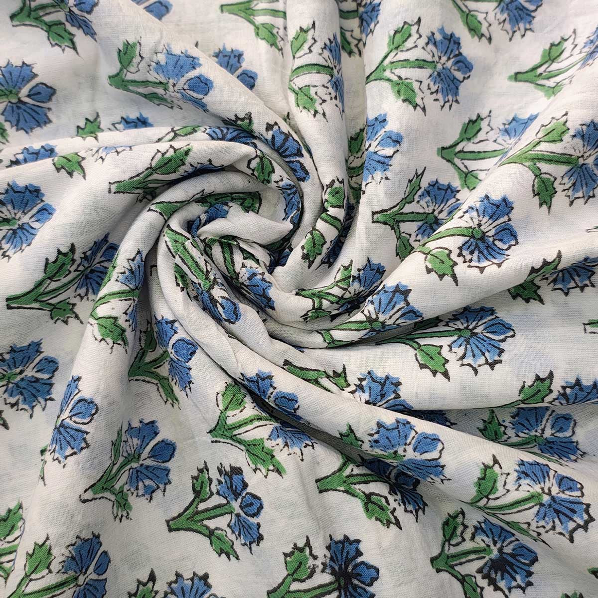 Handmade Bagru Print Textile – White And Blue Floral Print Cotton Material