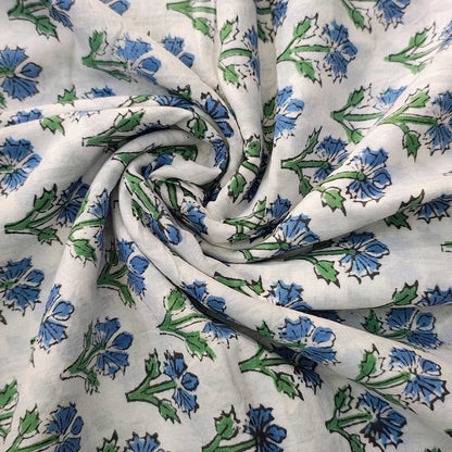 Sanganeri Hand Block Print Cotton Fabric – White And Blue Floral Print