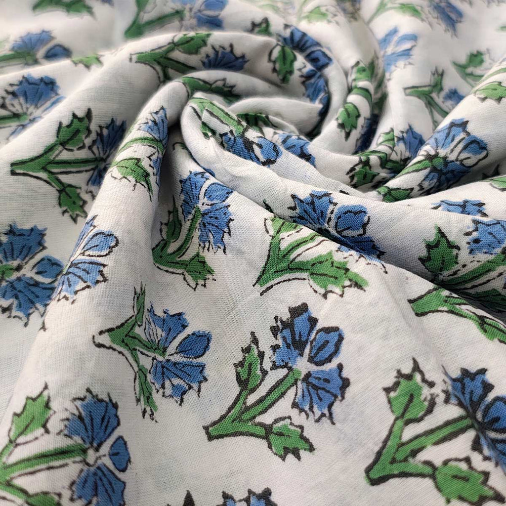 Sanganeri Hand Block Print Cotton Fabric – White And Blue Floral Print