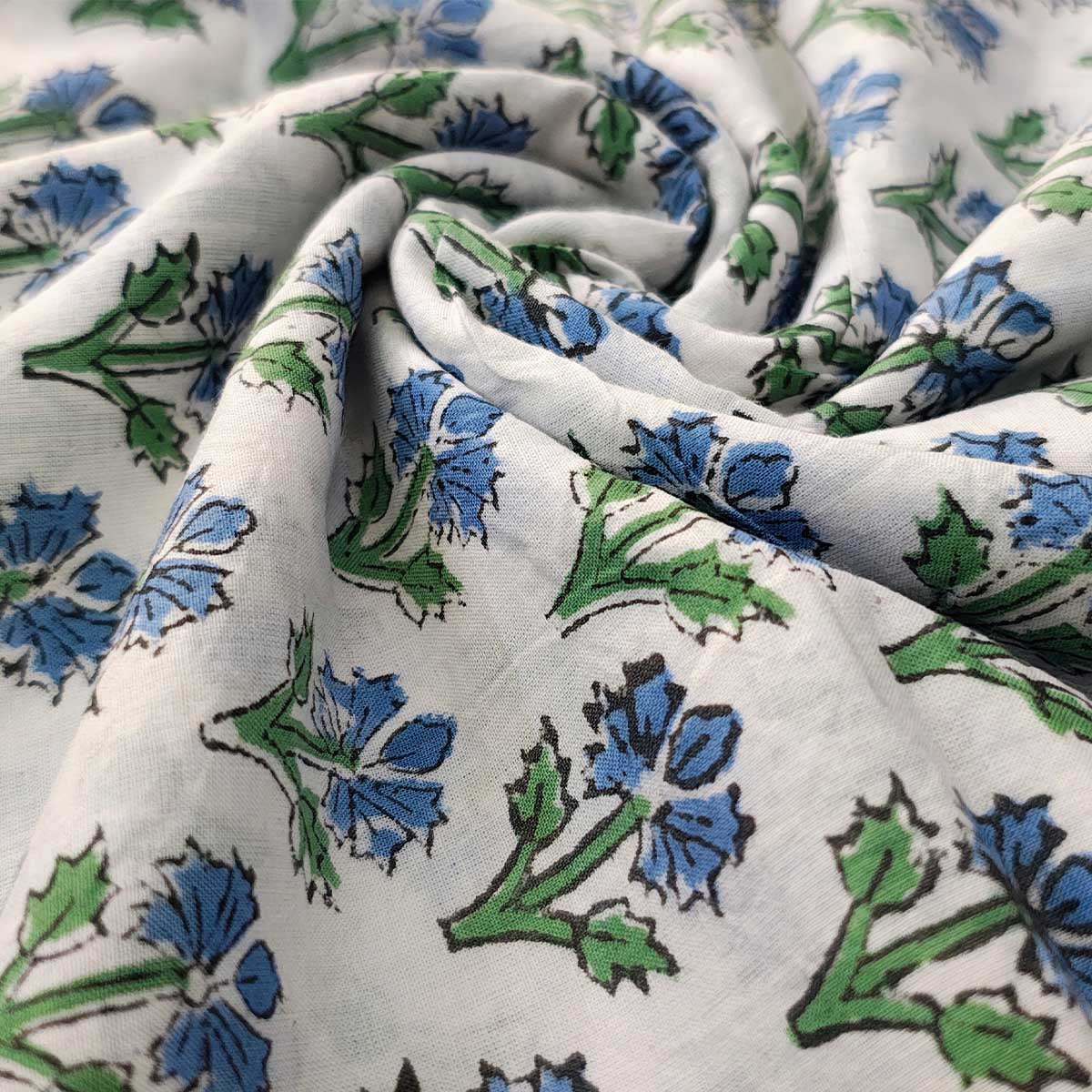 Handmade Bagru Print Textile – White And Blue Floral Print Cotton Material