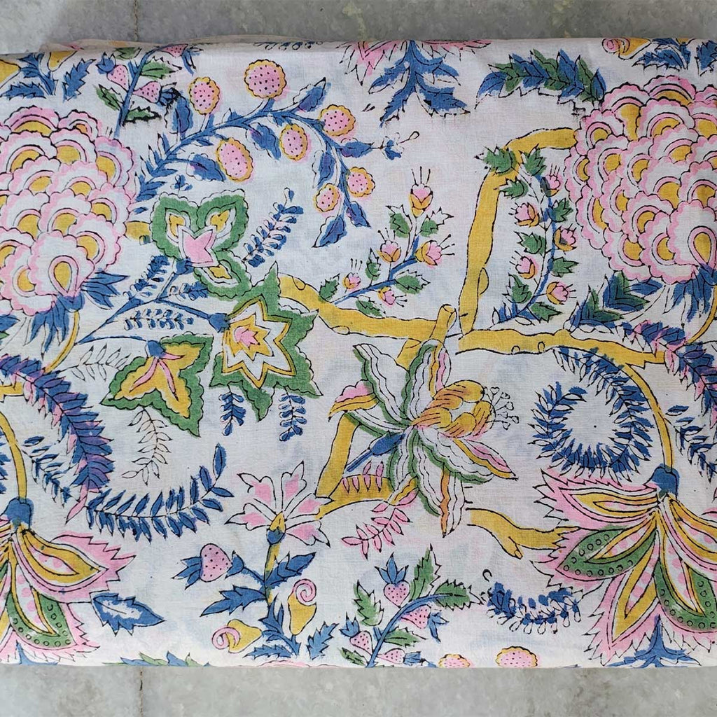 Handmade Bagru Print Textile – White Floral Print Cotton Material