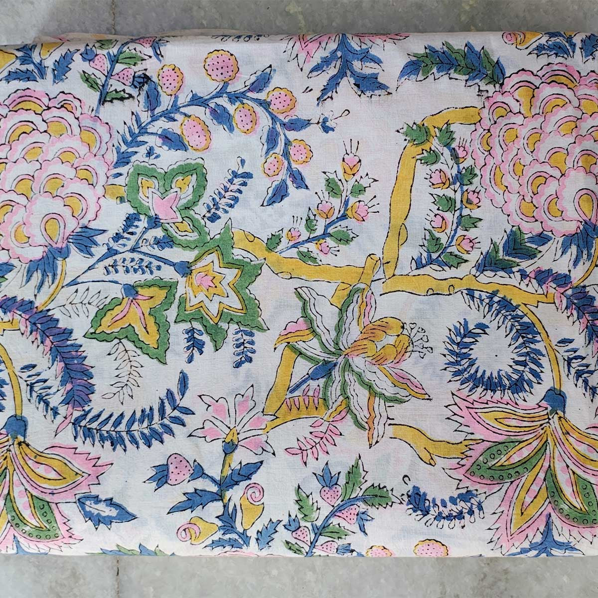 Handmade Bagru Print Textile – White Floral Print Cotton Material