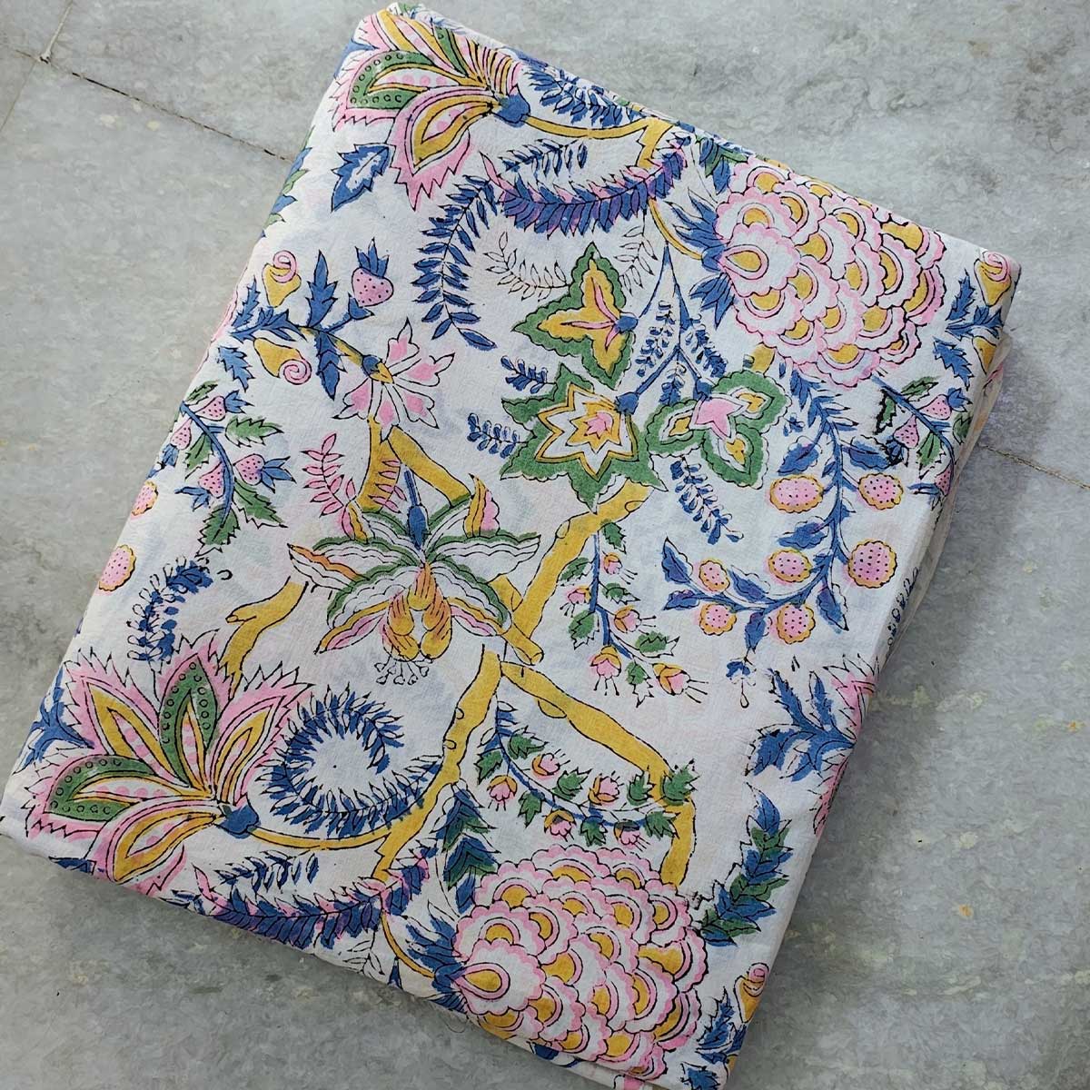 Handmade Bagru Print Textile – White Floral Print Cotton Material