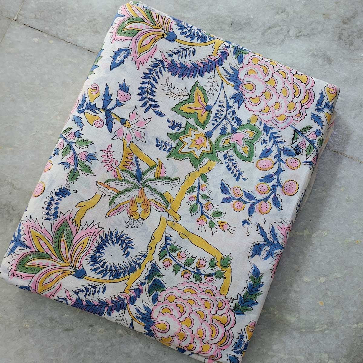 Handmade Bagru Print Textile – White Floral Print Cotton Material