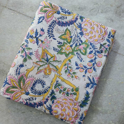 Sanganeri Hand Block Print Cotton Fabric – White Floral Print