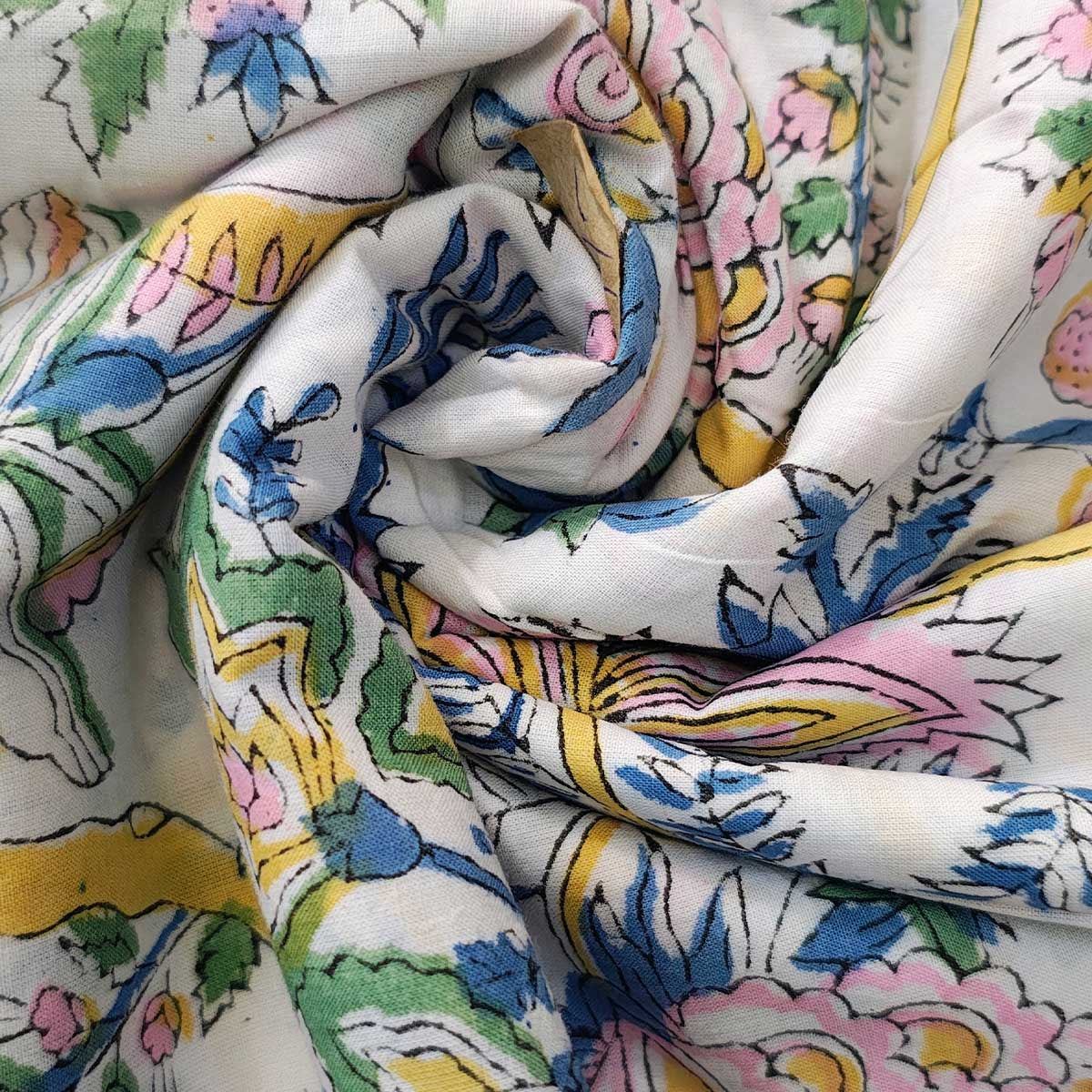 Handmade Bagru Print Textile – White Floral Print Cotton Material