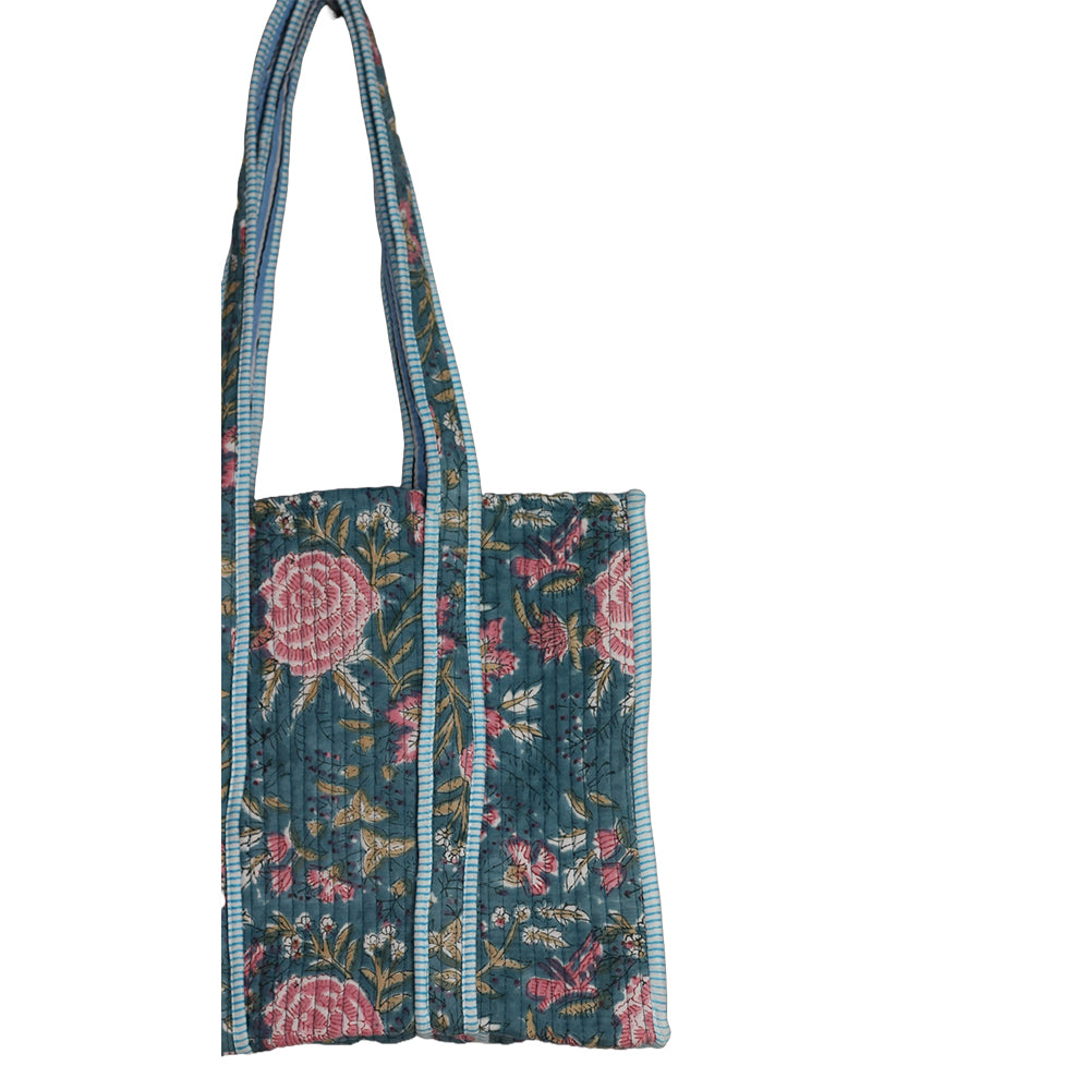 Handmade Block Print Cotton Quilted Tote Bag – Teal Floral