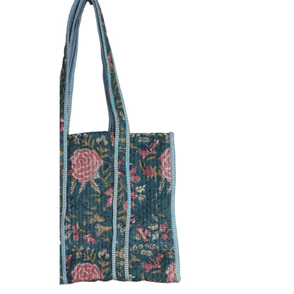 Handmade Block Print Cotton Quilted Tote Bag – Teal Floral
