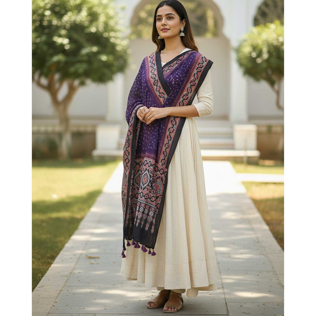 Kutch Bandhani Tie-Dye Pure Silk  Bandhani  Ajrakh Block Printing Dupatta With Zari: An Artistic Fusion of Heritage and Style
