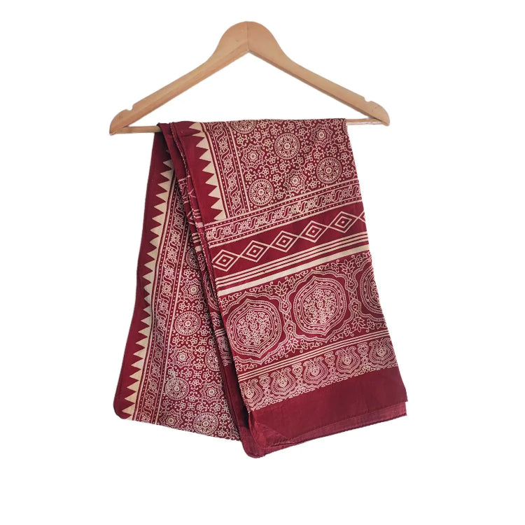 Ajrakh Hand Block Print Red Color Viscose Stole | Traditional Geometric Print | L220 X W55 cm