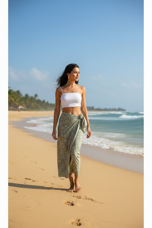 Woman walking on a beach wearing a white top and green sarong.