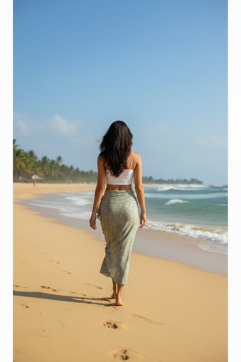 Woman walking on a beach with palm trees and blue sky in the background