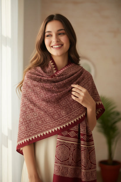 Ajrakh Hand Block Print Red Color Viscose Stole | Traditional Geometric Print | L220 X W55 cm