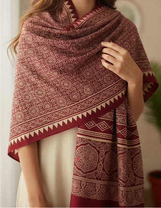 Ajrakh Hand Block Print Red Color Viscose Stole | Traditional Geometric Print | L220 X W55 cm