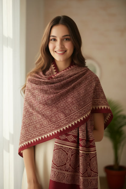 Ajrakh Hand Block Print Red Color Viscose Stole | Traditional Geometric Print | L220 X W55 cm