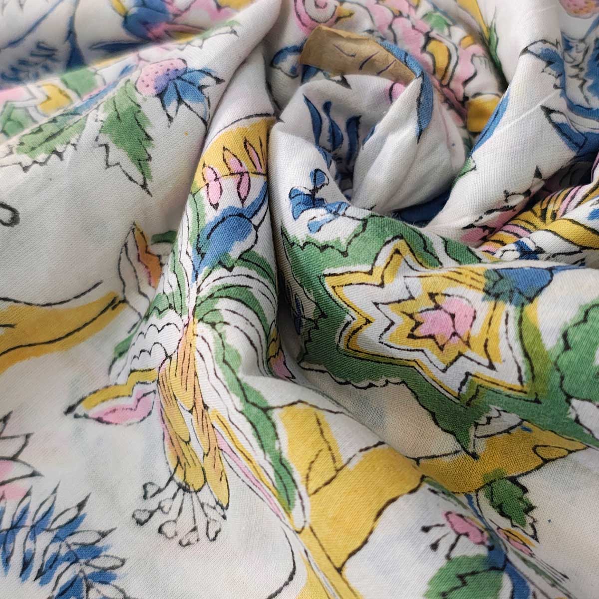 Handmade Bagru Print Textile – White Floral Print Cotton Material