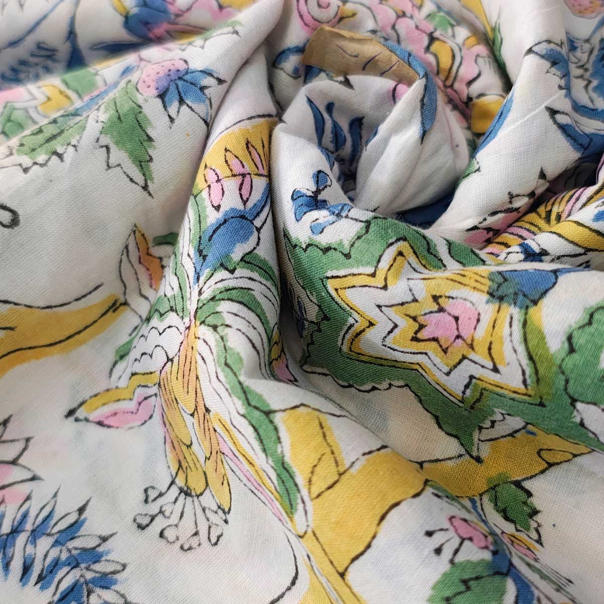Handmade Bagru Print Textile – White Floral Print Cotton Material