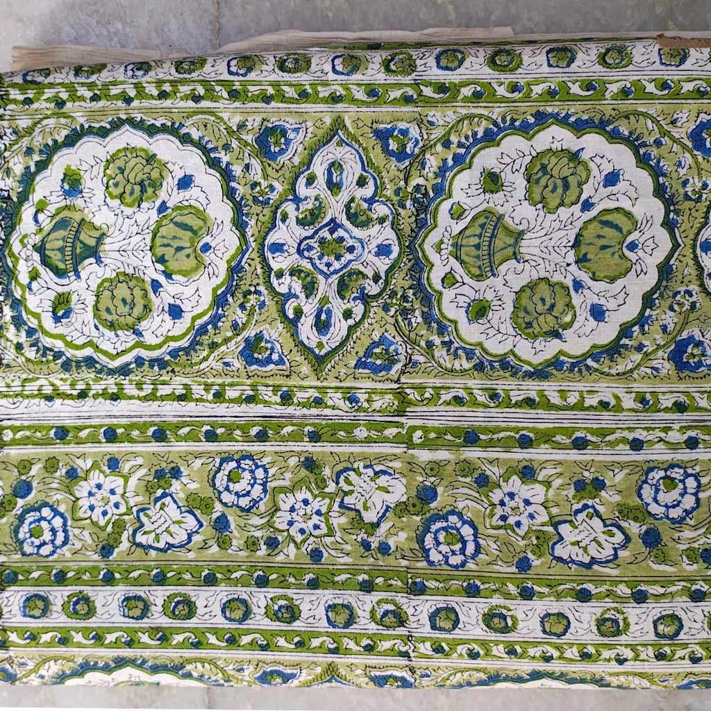 Sanganeri Hand Block Print Cotton Fabric – Green Floral Print