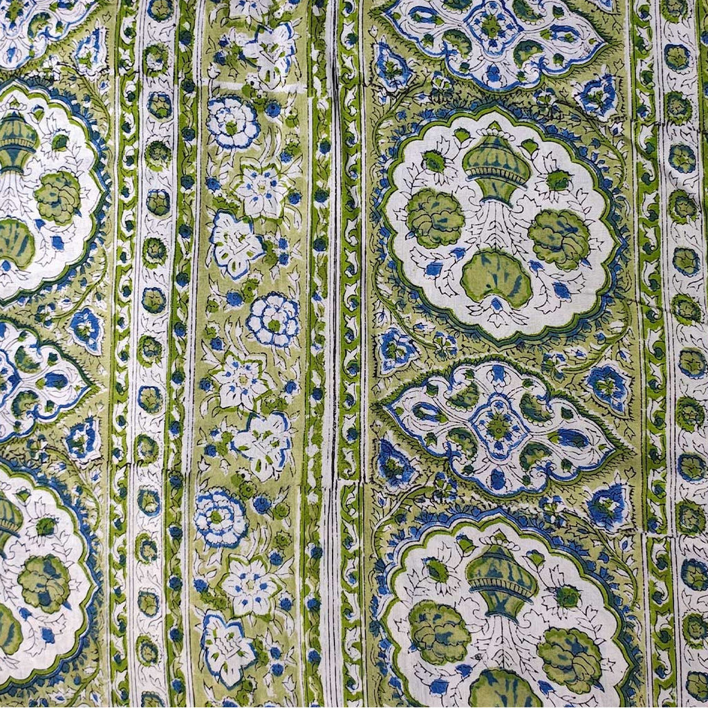 Sanganeri Hand Block Print Cotton Fabric – Green Floral Print