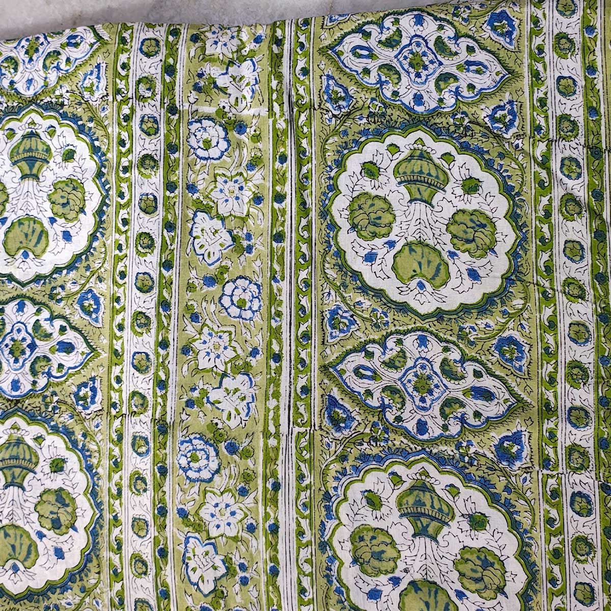 Handmade Bagru Print Textile – Green Floral Print Cotton Material