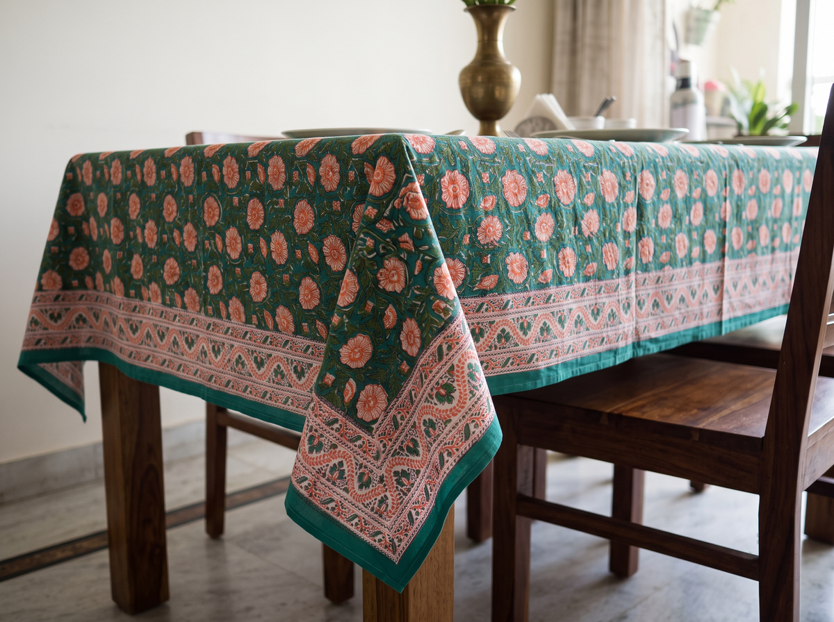 Sanganeri Hand Block Print Cotton Tablecloth 90x108, Pink Floral Mughal Buta Table Cover, 8 Seater Indian Dining Linen, Handmade Gif (Copy)