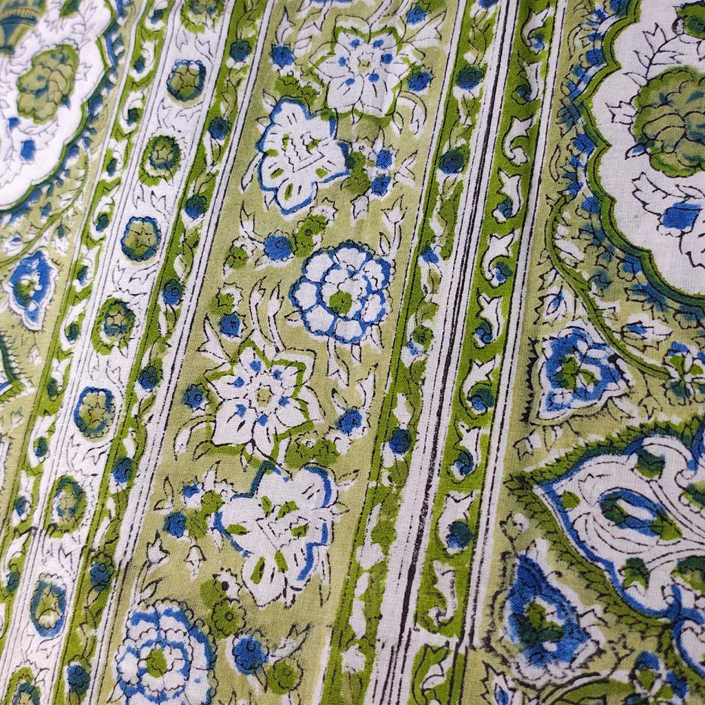 Sanganeri Hand Block Print Cotton Fabric – Green Floral Print