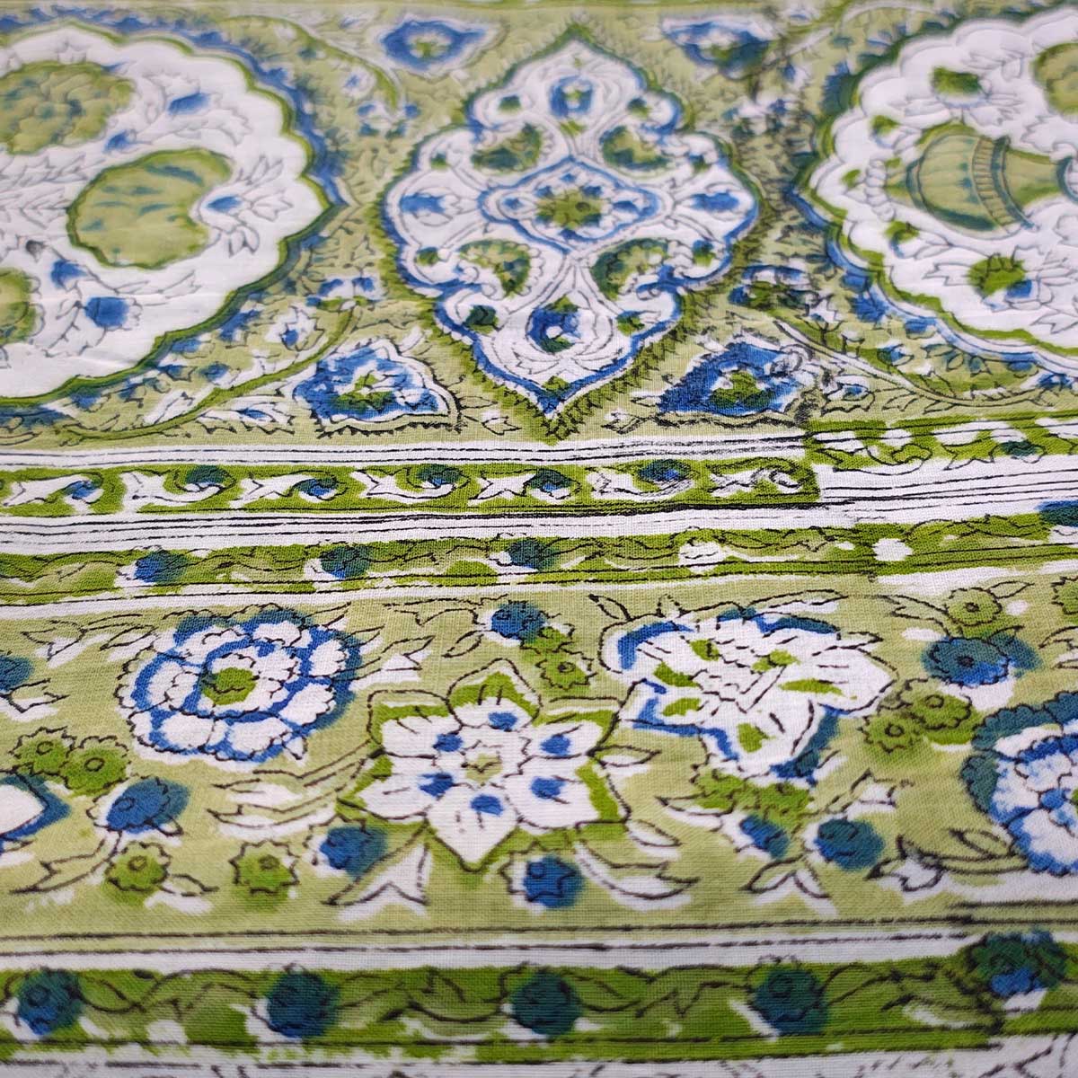 Handmade Bagru Print Textile – Green Floral Print Cotton Material
