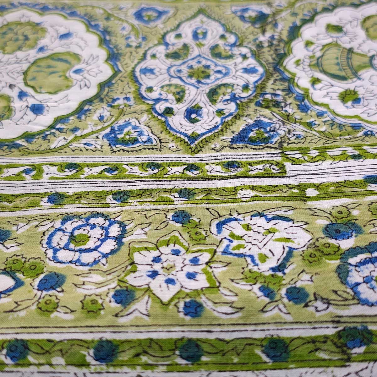 Handmade Bagru Print Textile – Green Floral Print Cotton Material