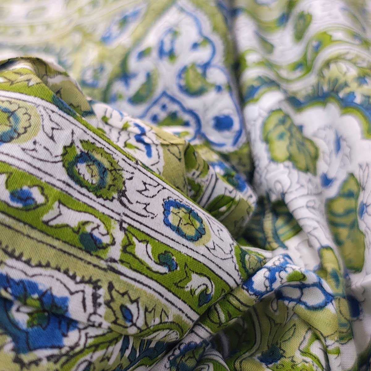 Handmade Bagru Print Textile – Green Floral Print Cotton Material