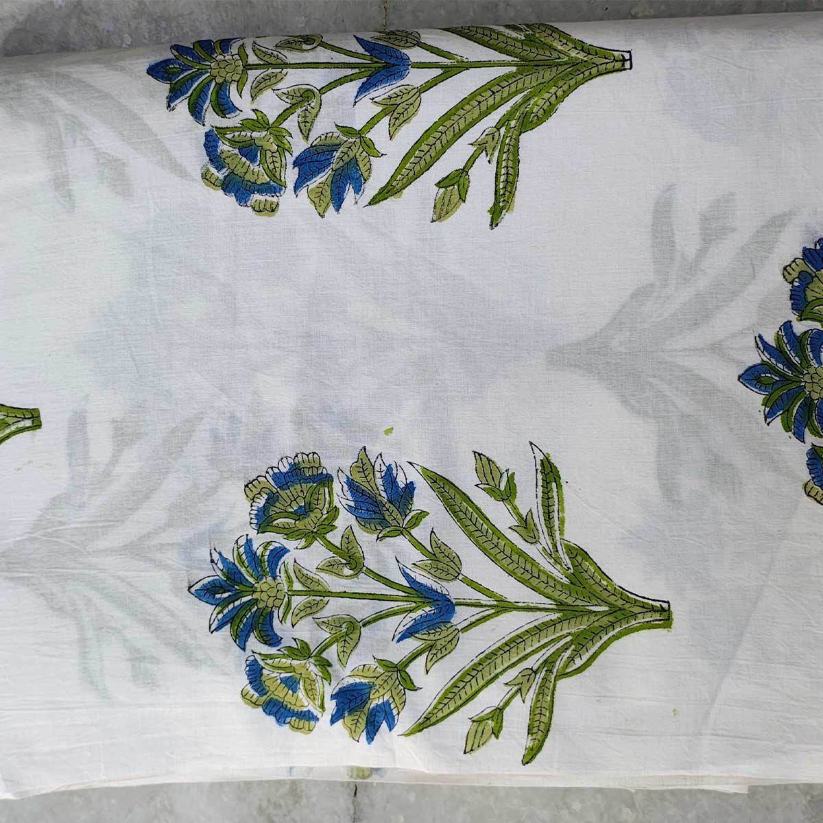 Handmade Bagru Print Textile – Green Floral Print Cotton Material