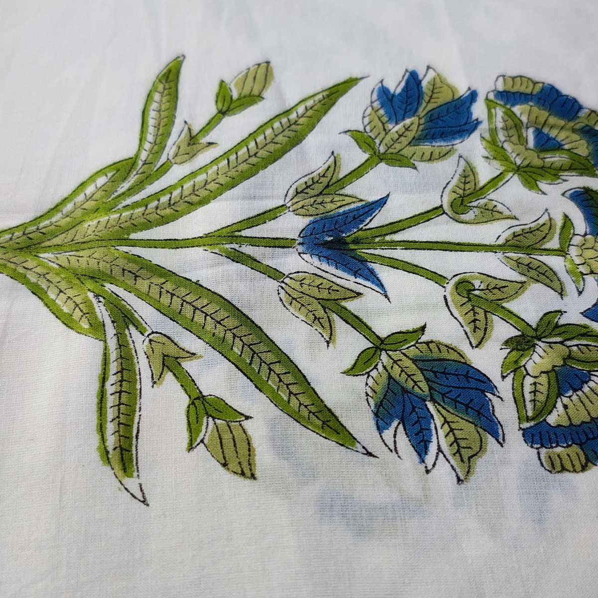Handmade Bagru Print Textile – Green Floral Print Cotton Material