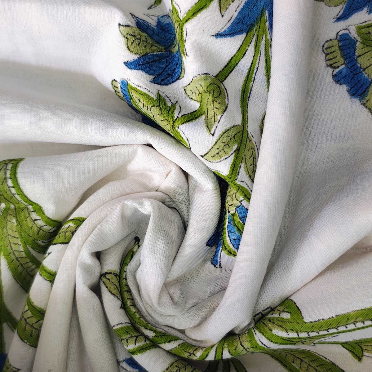 Handmade Bagru Print Textile – Green Floral Print Cotton Material