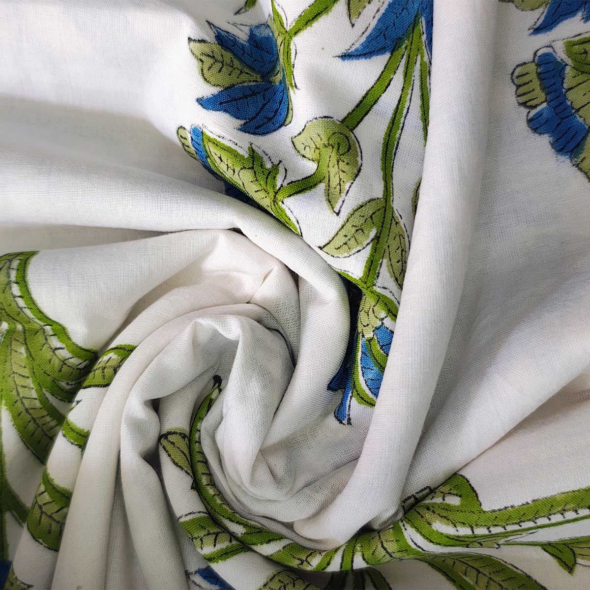 Handmade Bagru Print Textile – Green Floral Print Cotton Material
