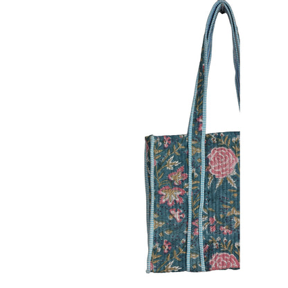 Handmade Block Print Cotton Quilted Tote Bag – Teal Floral