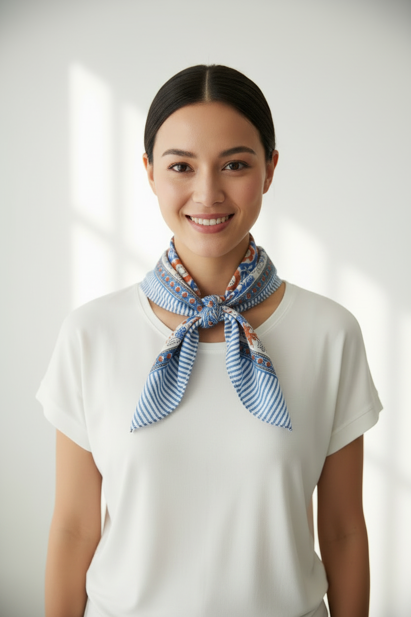 Woman wearing a blue striped scarf around her neck against a white background
