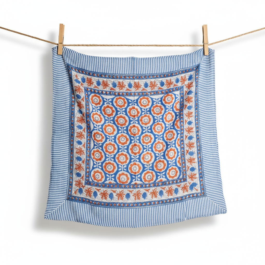 Floral Blue Print Silk Scarf, Light Weight Square Neck Wrap, Border Pattern, 75x75 cm