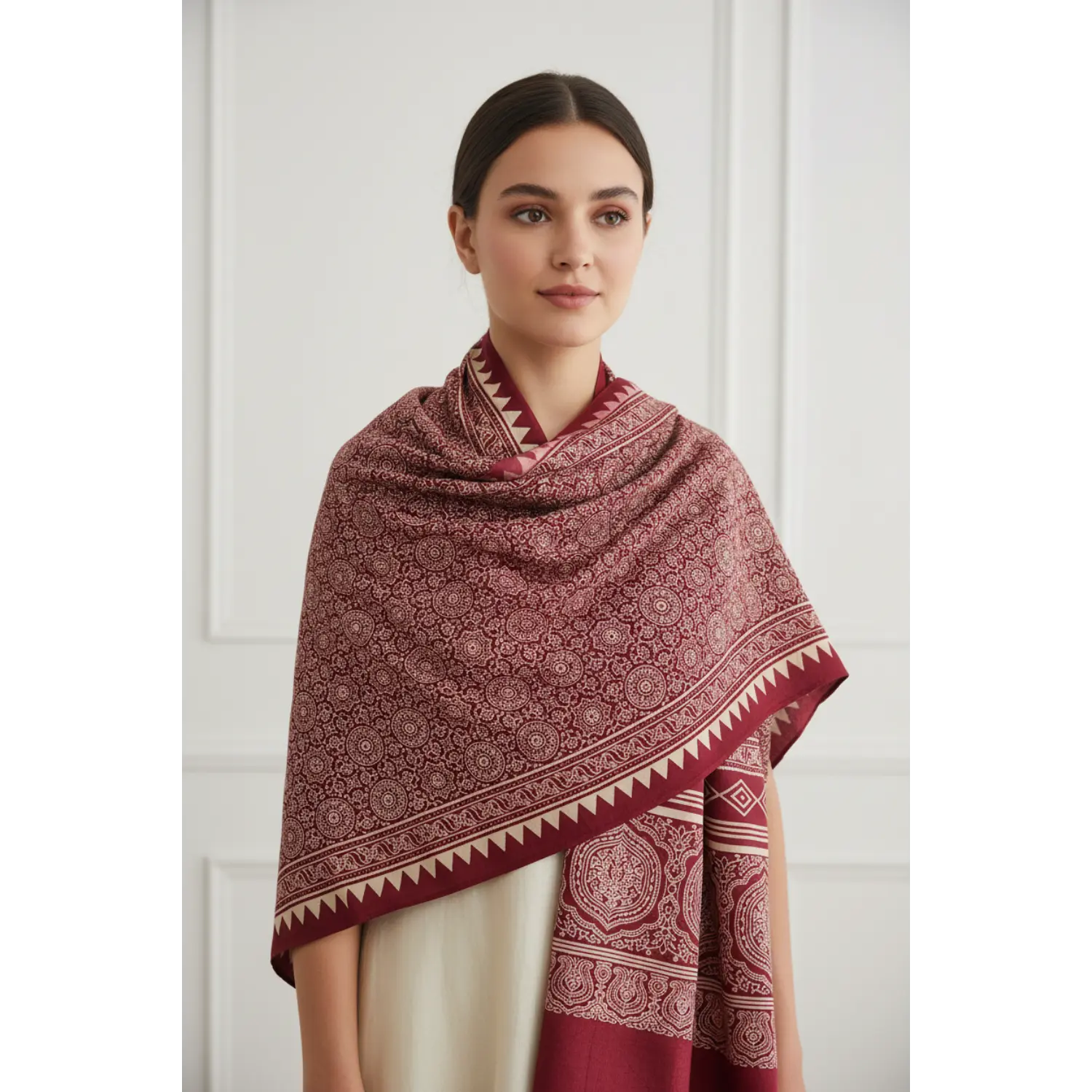 Ajrakh Hand Block Print Red Color Viscose Stole | Traditional Geometric Print | L220 X W55 cm