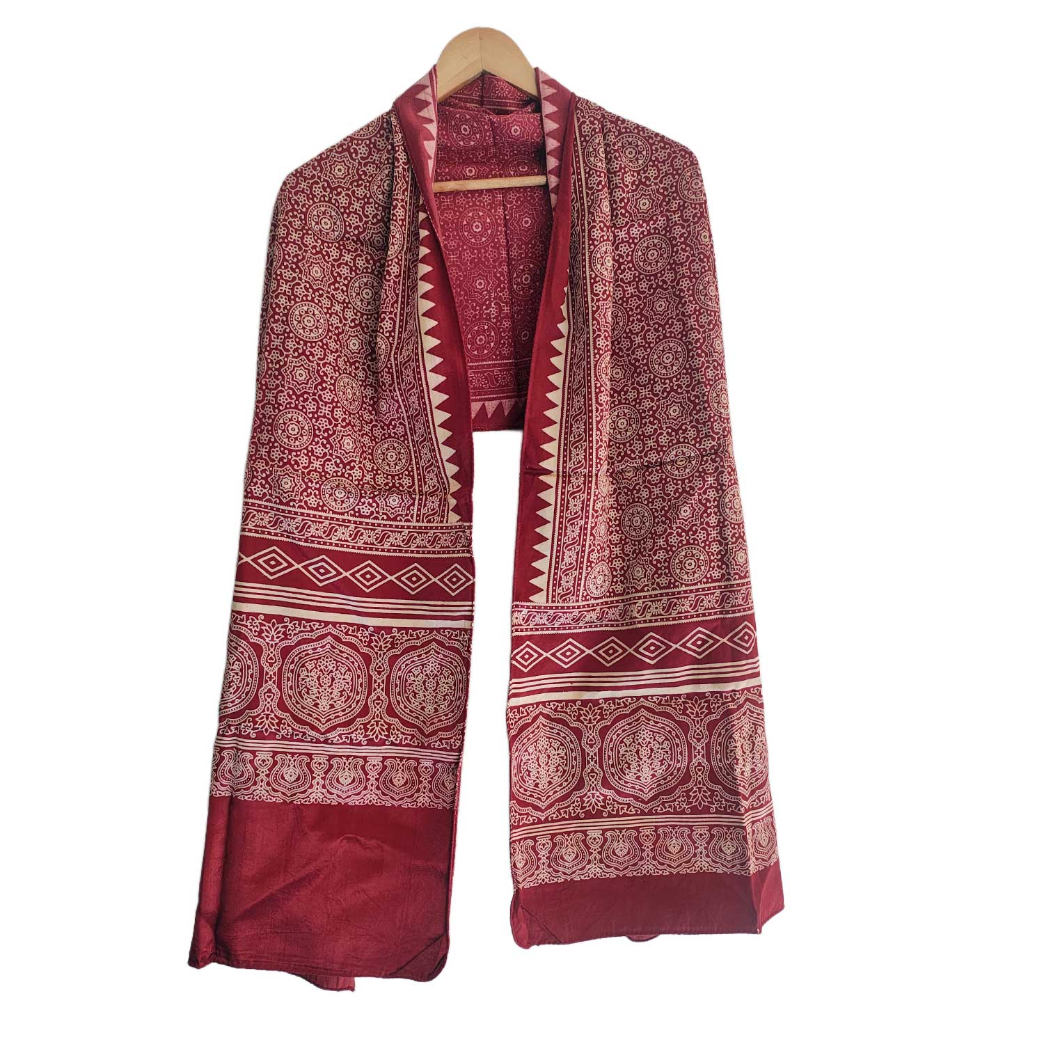 Ajrakh Hand Block Print Red Color Viscose Stole | Traditional Geometric Print | L220 X W55 cm
