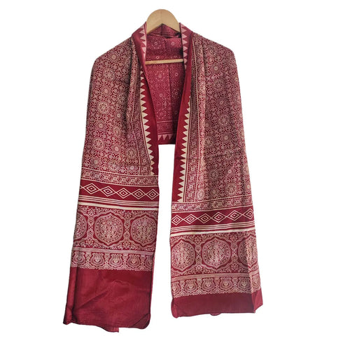 Ajrakh Hand Block Print Red Color Viscose Stole | Traditional Geometric Print | L220 X W55 cm